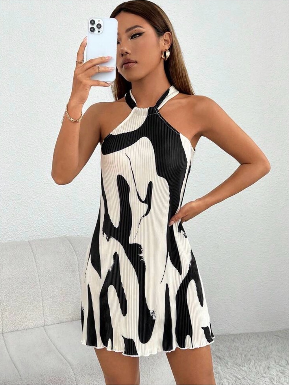 Halter-Neck Black & White Abstract Print Mini Dress